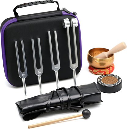 Healing Tuning Forks Set 136.10, 256, 384, 128 Hz Healing Instrument, Sound Therapy Devices with Singing Bowl for Chakra Solfeggio Essential Yoga Meditation Accessories, Healing Gifts for Women Men