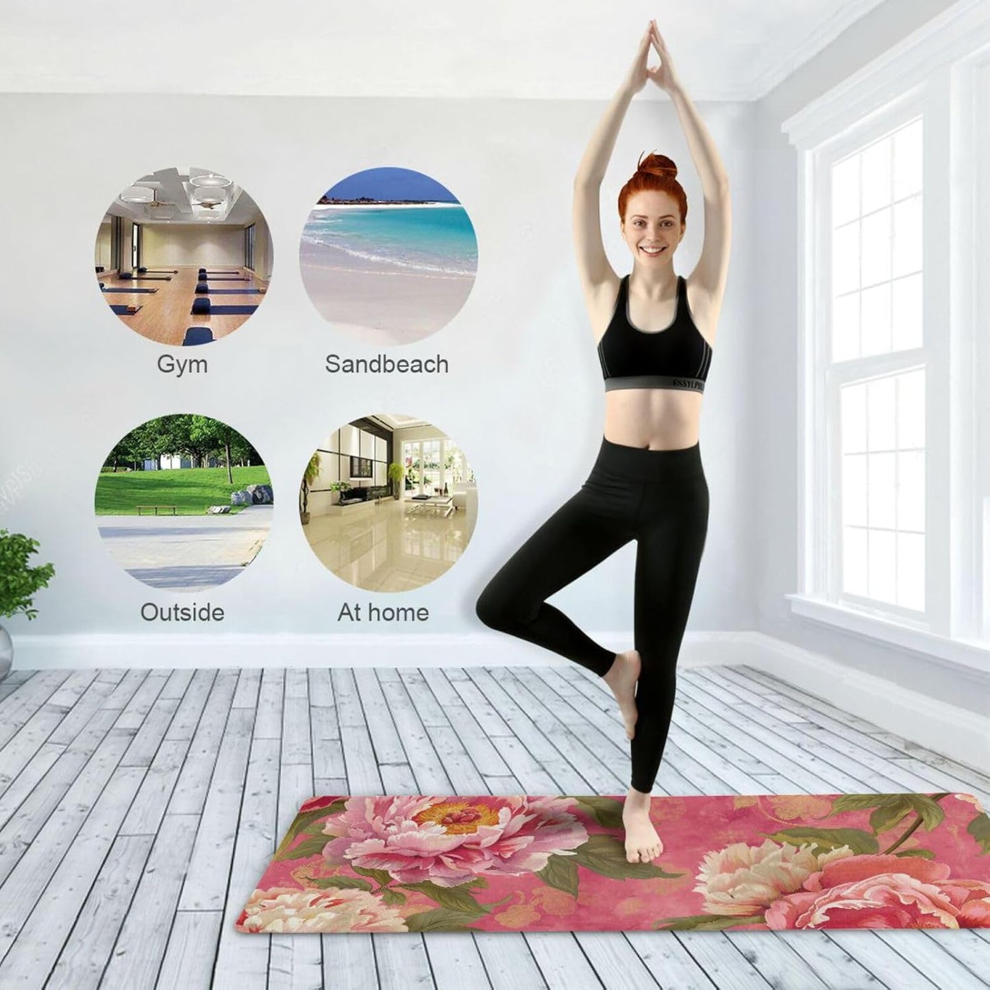 Peony Chinoiserie Flower Pink printed yoga mat thin For hot yoga, natural rubber non slip, with yoga bag for mat tapete para ejercicio 71x26 inches