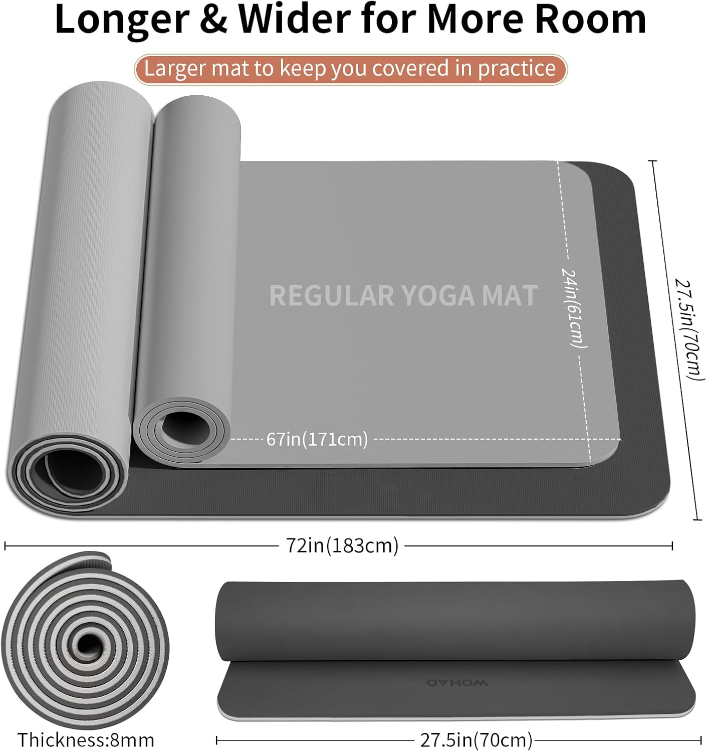 Extra Thick 8mm Yoga Mat, 72"x28" Non Slip Exercise Mat, Reversible 2-Sided Dual Color Premium POE Material, with Carrying Strap for Yoga, Pilates, Home Gym