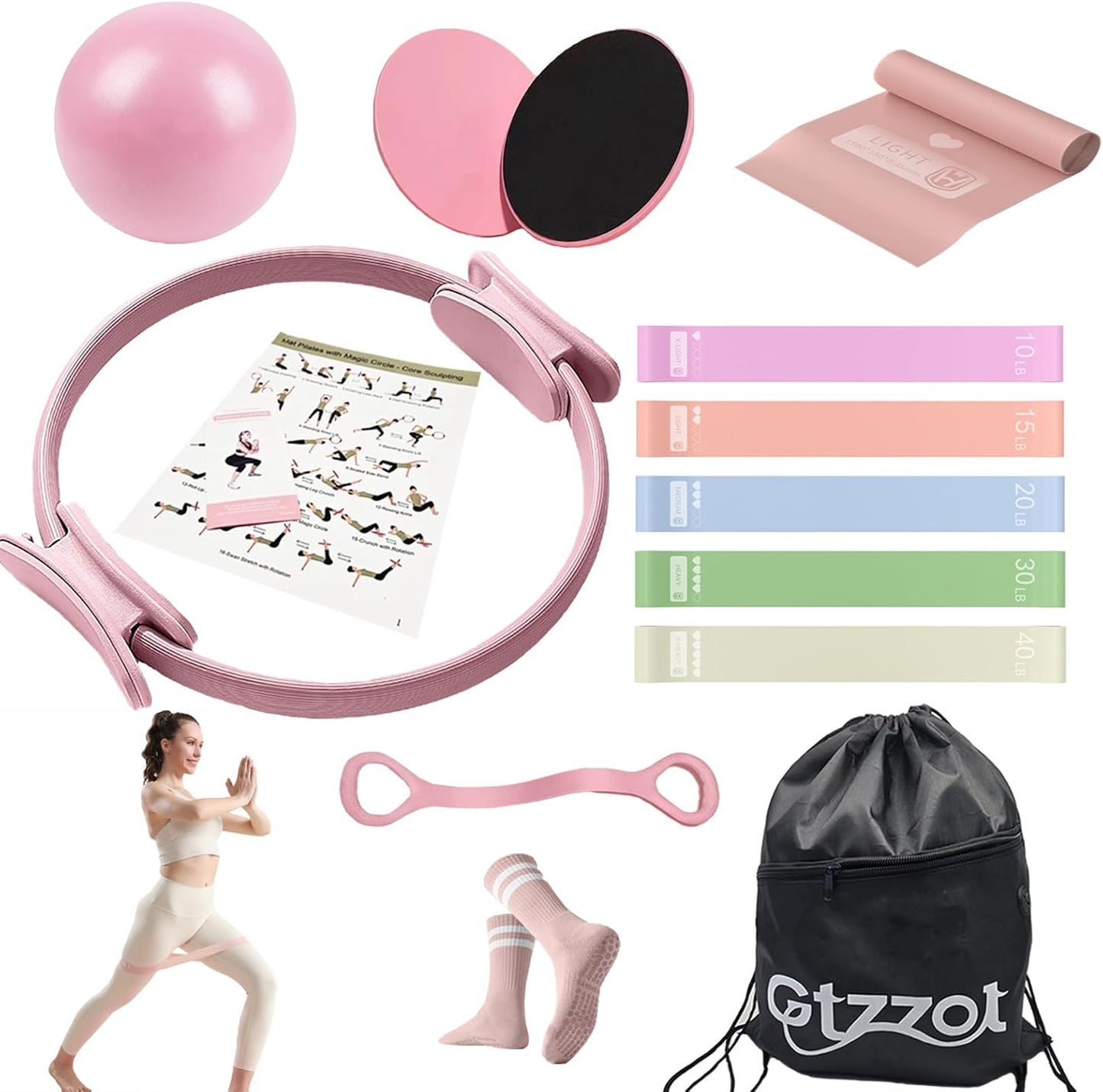 Pilates Ring Essentials Kit for Women, Soft Macaron Creams - Yoga Exercise Equipment Set for Home Workouts with Magic Circle, Mini Ball & Accessories - Fitness Ring Set for Beginners (Pink)
