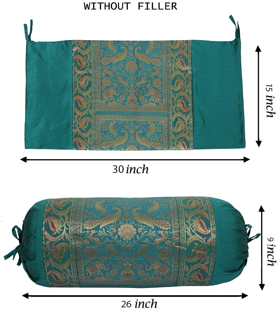 Ethnic Jacquard Brocade Silk Bolster Yoga Rectangle Pillow Cover Cylindrical Hotdog Dark Green Tube Living Room Decorative Elephant Traditional Throw Pillowcase 76x38 cm - Set of 2 Pcs