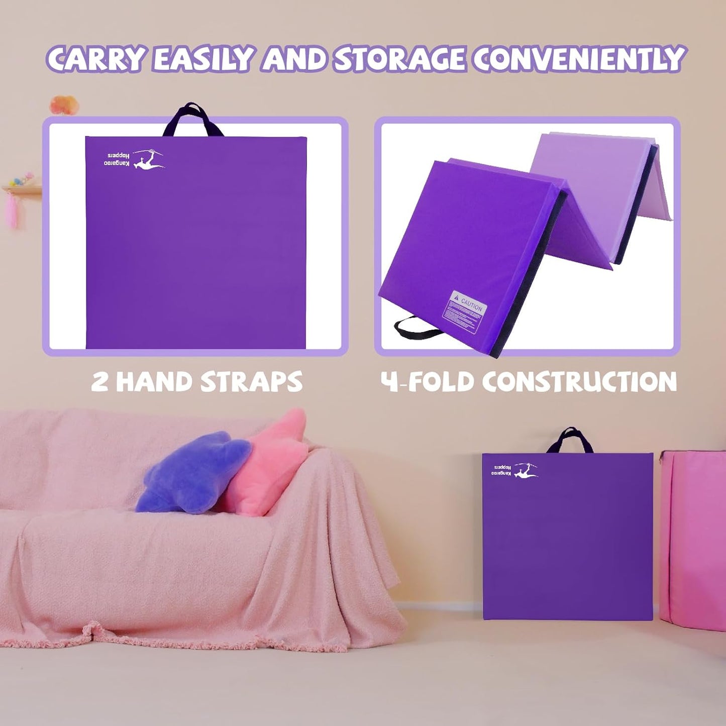 Kangaroo Hoppers Gymnastics Tumbling Mats for Kids, Foldable Gym Mat with Carrying Handles for Home Activity Play