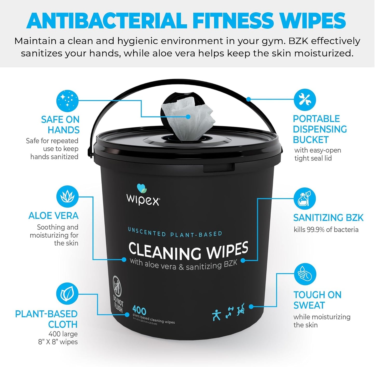 Wipex Yoga Mat Cleaner Wipes, EWG Verified, 400 Ct Plant-Based Lemongrass, Eucalyptus & Vinegar Wipes for Gym & Fitness Equipment & All Purpose Gym Cleaning - Safe for Peloton Bikes & Treadmills