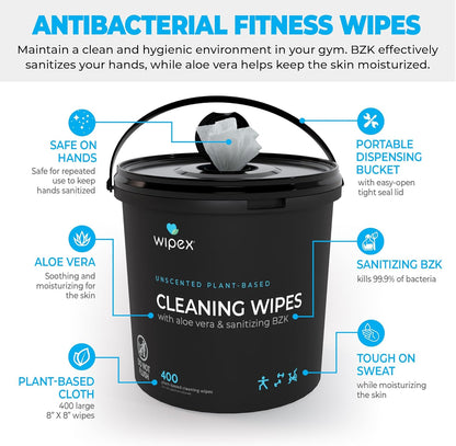 Wipex Yoga Mat Cleaner Wipes, EWG Verified, 400 Ct Plant-Based Lemongrass, Eucalyptus & Vinegar Wipes for Gym & Fitness Equipment & All Purpose Gym Cleaning - Safe for Peloton Bikes & Treadmills
