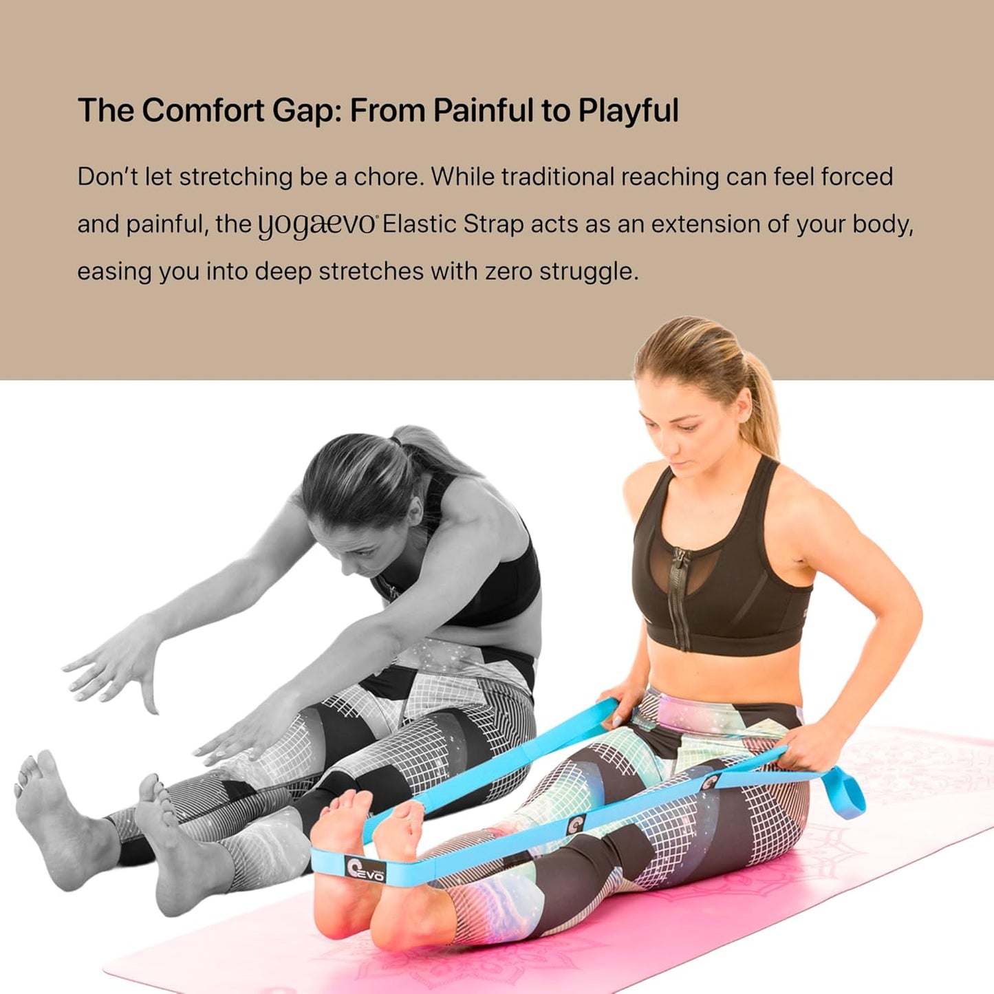 YOGA-EVO Elastic Stretching Strap with Loops for Physical Therapy - Stretch & Activate Muscles - Increase Mobility & Recovery - Soft Cotton & Spandex - Includes Carrying Pouch & Video Exercises