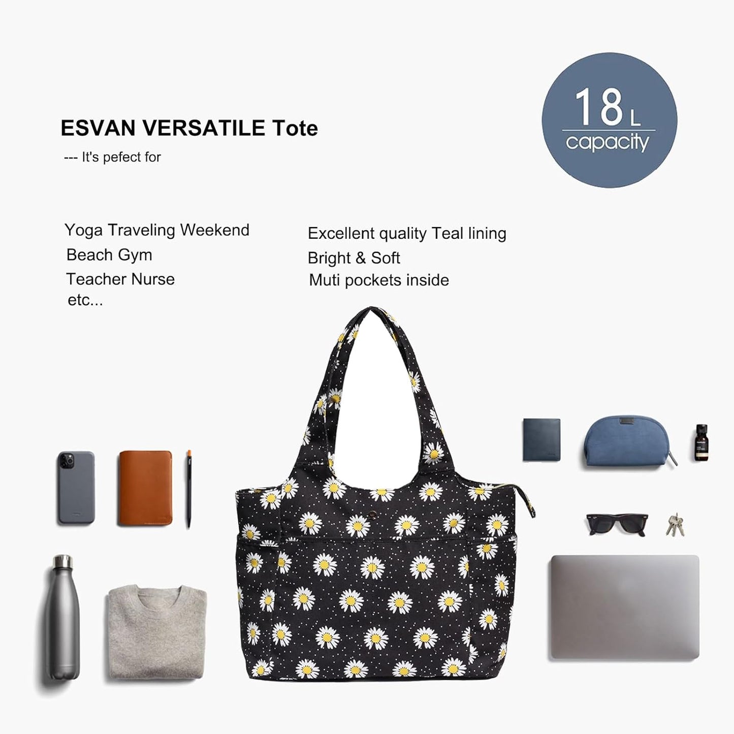 ESVAN Yoga Tote Bag Mat bag Women Shoulder Bags Carryall Tote for Travel Office Workout Gym Nurse Beach