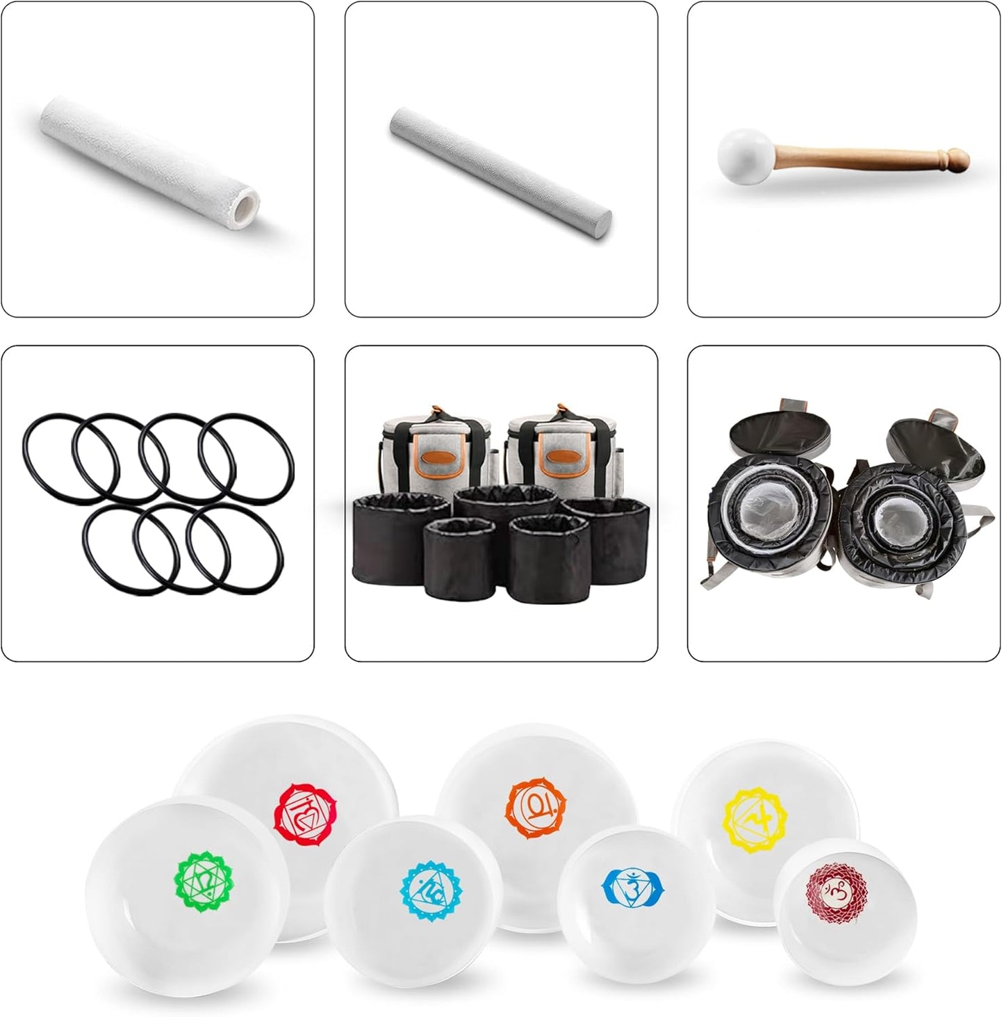 Ryan Dvan 432Hz 7"-12" Set of 7 Crystal Singing Bowl Set ¨C Gradient Color Quartz Bowls for Chakra Healing, Meditation, Sound Bath & Yoga.Sound Therapy Tools with Suede Mallets & O-Rings.