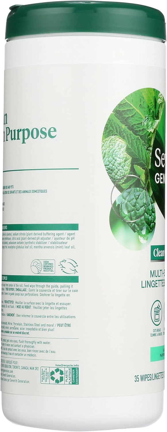 Seventh Generation Multi-Surface Wipes, 70 Count, Pack of 3, Garden Mint, Plant-Based Cleaning Wipes, No Harsh Fumes or Residue, Safe Around Kids