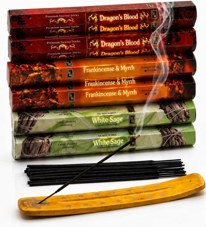 Incense Sticks Variety Pack | Dragon’s Blood, Frankincense & Myrrh & White Sage -120 Sticks | with Free Wooden Holder | Smudging Kit for Home Fragrance, Meditation & Yoga | Krishnascents