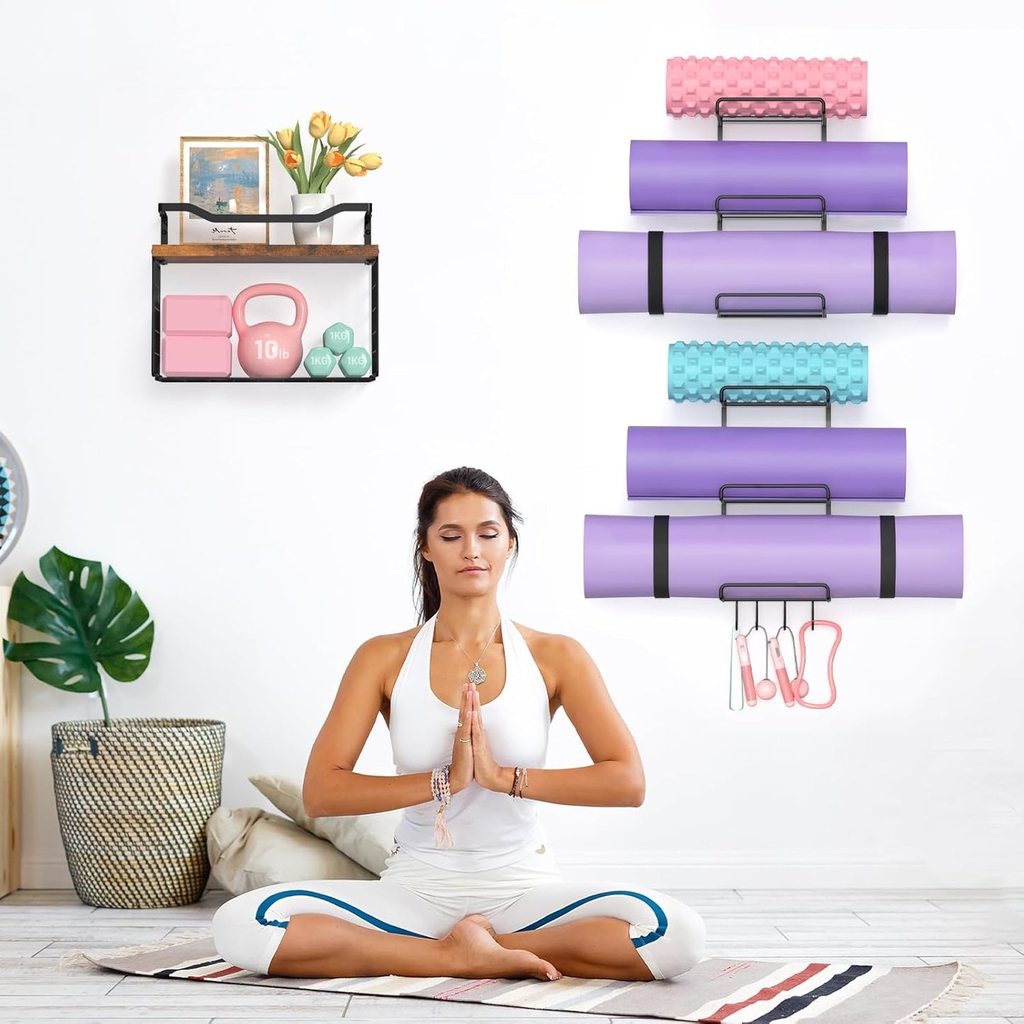 Yoga Mat Holder Black, Wall Mount Yoga Mat Storage Rack, Yoga Accessory Organizer With Wood Floating Shelves, 4 Hooks Hanging Yoga Strap & Resistance Bands, Home Gym Equipment Storage Decor