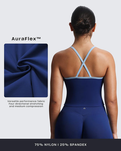 Aoxjox Women's Workout Sleeveless Color Block Lexi Tank Tops Contrasting Strap Cross Back Yoga Curve Longline Crop Top