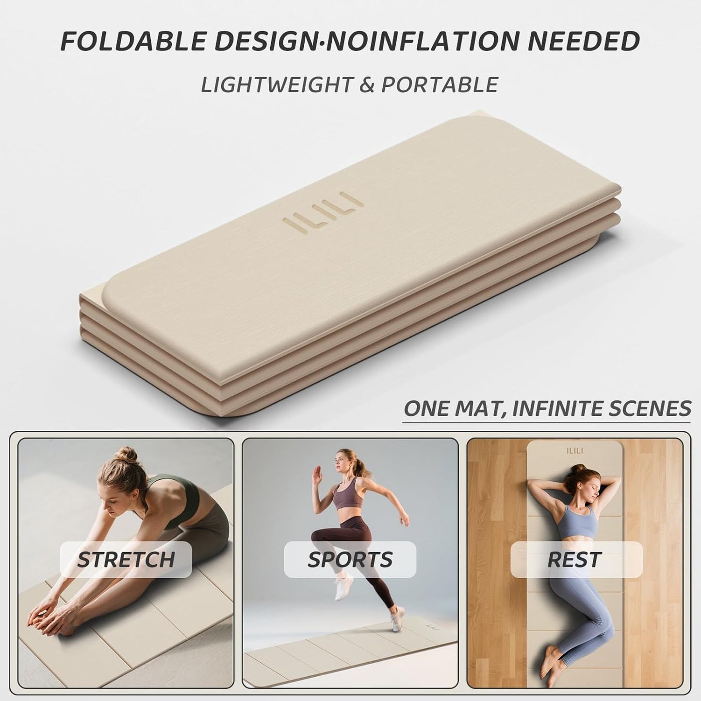 ILILI Foldable Yoga Mat 71 * 24 * 0.3'' - TPE Non-Slip Fitness Mat for Home，Waterproof & Lightweight (2lb) for Home Gym, Pilates & Stretching,Fitness Workouts
