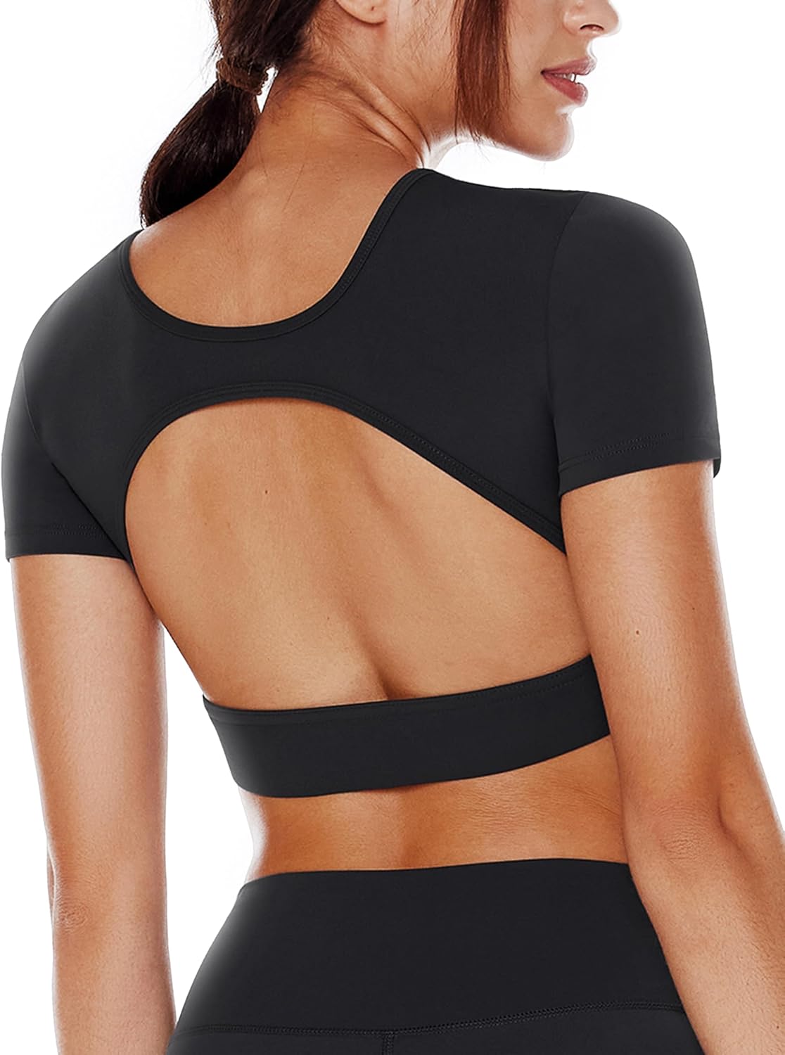 ENERBLOOM Open Back Workout Crop Tops for Women Backless Yoga Shirts Gym Short Sleeve Mild Support Compression Tee with Bra