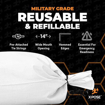 Xpose Safety Heavy Duty Sand Bags with Tie Strings – Empty Woven Polypropylene Sandbags for Hurricane Flood Protection, 100 lb Capacity, 14" x 26", Black, Pack of 10