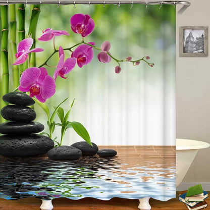 4PCS Spa Zen Shower Curtain Sets with Rugs, White Shower Curtain, Pink Floral Orchid Lotus Water Lily Stone Bamboo Water Reflection Yoga Massage Relaxing Spiritual Meditation Bathroom Decor