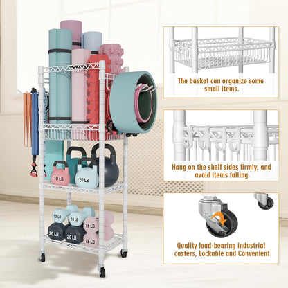FUTASSI Home Gym Storage, 3 Tiers Workout Equipment Organizer with Wheels for Yoga Mats, Foam Roller, Dumbbells, Kettlebells, and Resistance Bands