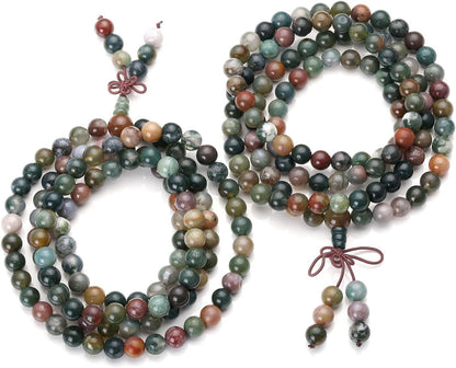 Jovivi 108 Mala Beads Bracelet 6mm 8mm Natural Indian Agate/Green Moss Agate Gemstone Healing Crystal Stone Beaded Bracelet Hand Knotted Prayer Mala Beads Necklace for Yoga Meditation Balance