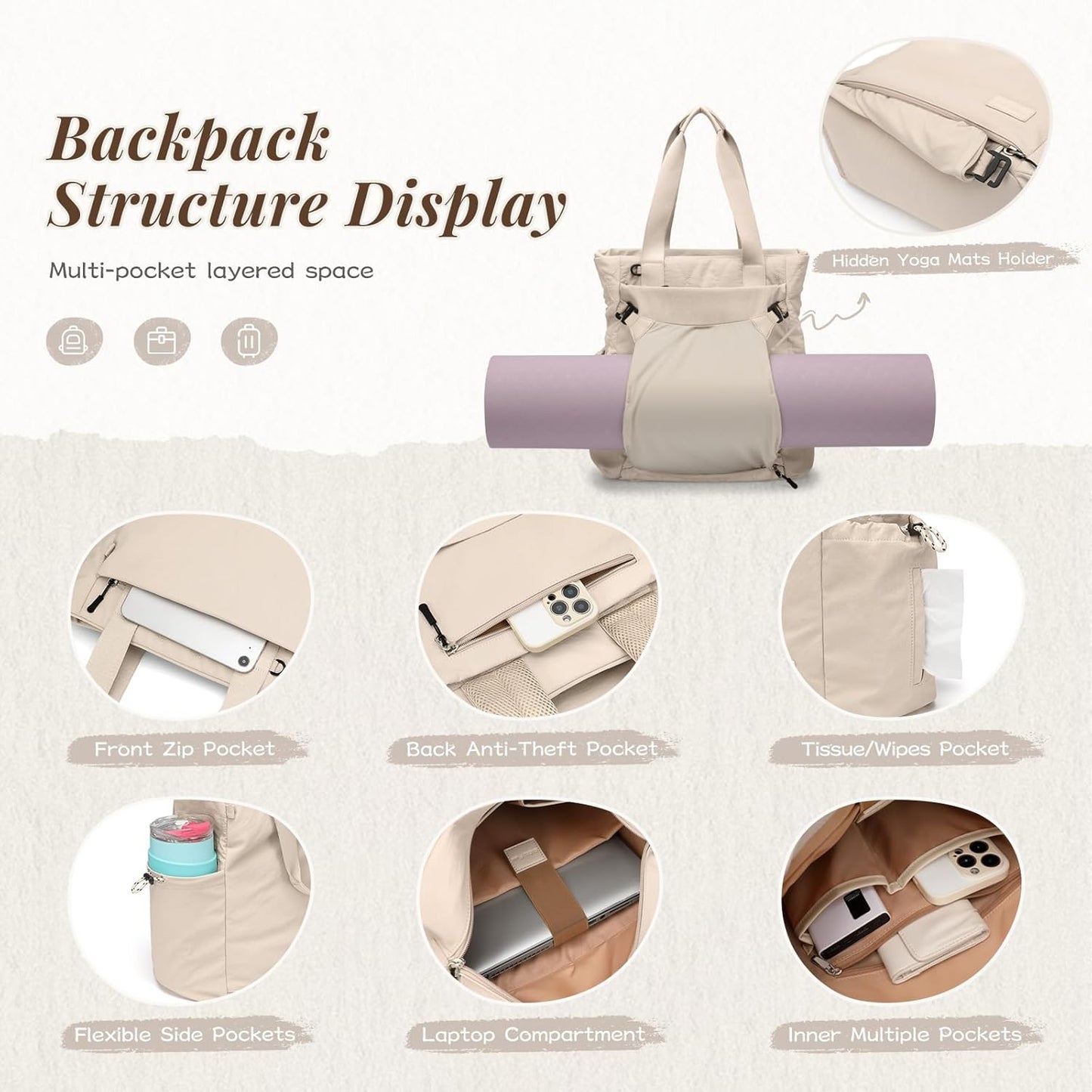 GOLF SUPAGS 3-in-1 Laptop Tote Backpack for Women 15.6" Quilted Work Gym Bag with Hidden Yoga Mat Carrier for Travel Leisure (Gravel Brown & Beige)