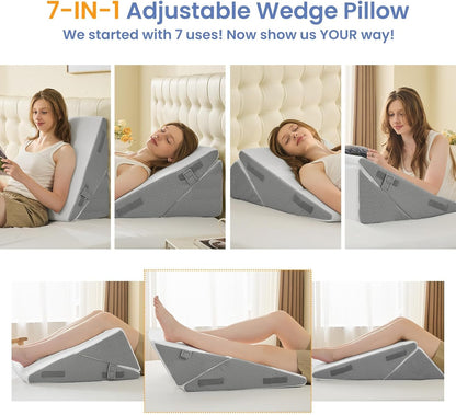 Sasttie Wedge Pillow Set for After Surgery, 2PCS Adjustable Bed Wedge Pillow Headboard with Memory Foam Neck Cushion – for Acid Reflux, Sleeping, Neck & Back Support, Dark Grey