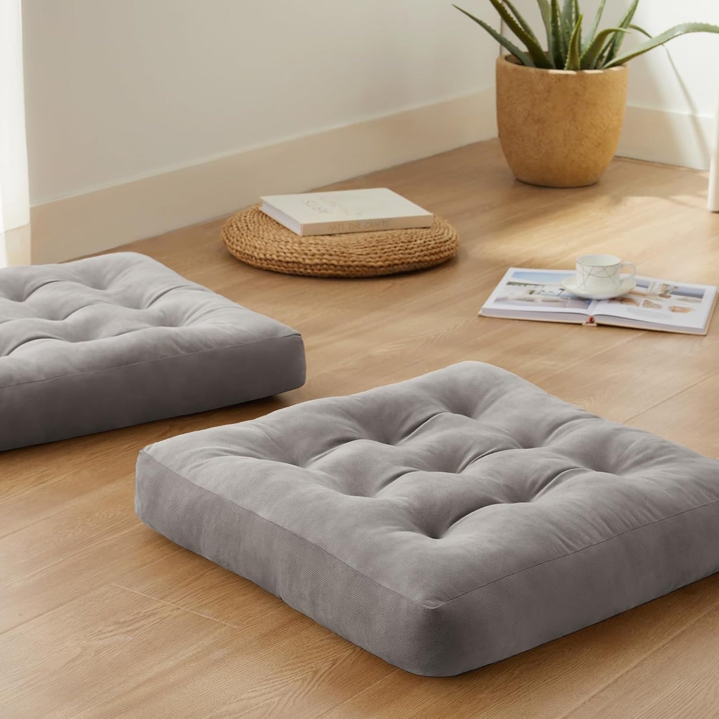 Meditation Floor Pillow Set of 1, Square Large Pillows Seating for Adults, Meditation Cushion Pillow,Tufted Corduroy Cushion for Tatami Living Room or Yoga, Light Gray, 22x22 Inch