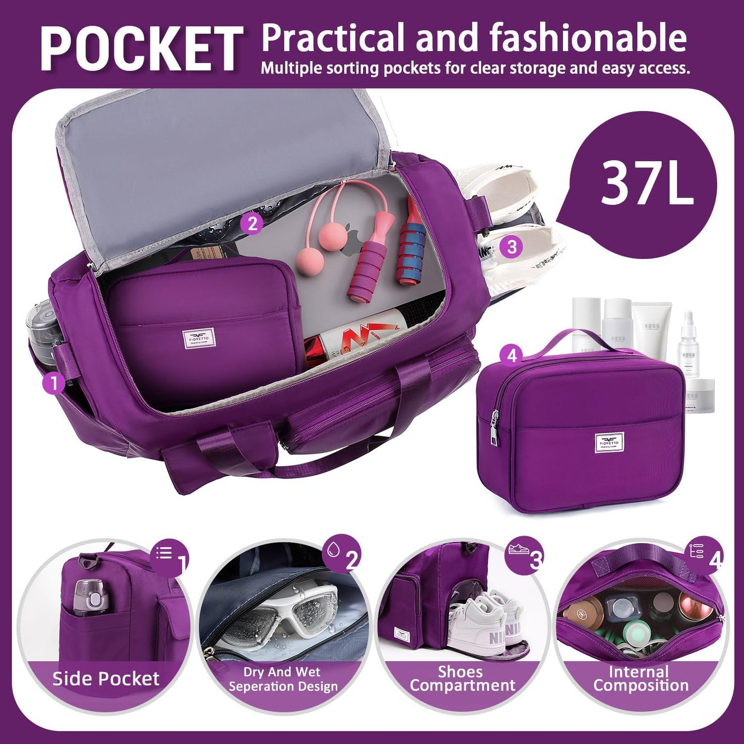 FIORETTO Women's Gym Duffle Bag with Shoes Compartment, 30L Capacity, Ideal for Travel, Gym, Sports, Duffel, Weekender