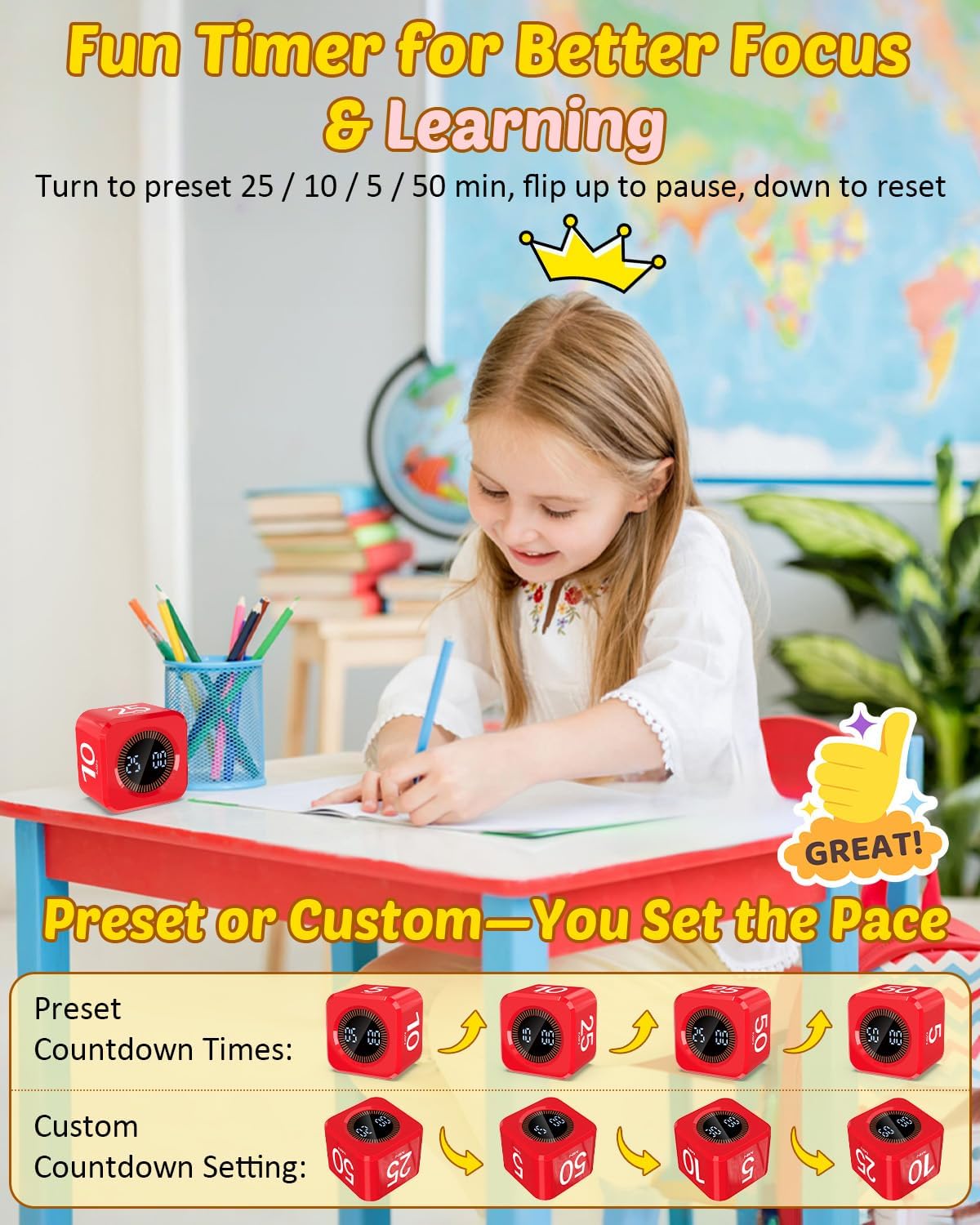 Digital Pomodoro Timer Cube 5/10/25/50min, Visual Productivity Flip Timer for Kids Classroom Desk, Custom Countdown, Silent and Sound Mode for ADHD Study Work Game Kitchen (Black)