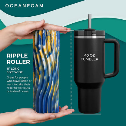 Oceanfoam Ripple Travel Foam Roller (11" x 3.35") Firm Mini Foam Roller for Physical Therapy, Deep Tissue Massage, Back Pain - High Density, Ergonomic Wave Textured - Yoga, Pilates, Exercise (Natural) - Colors B