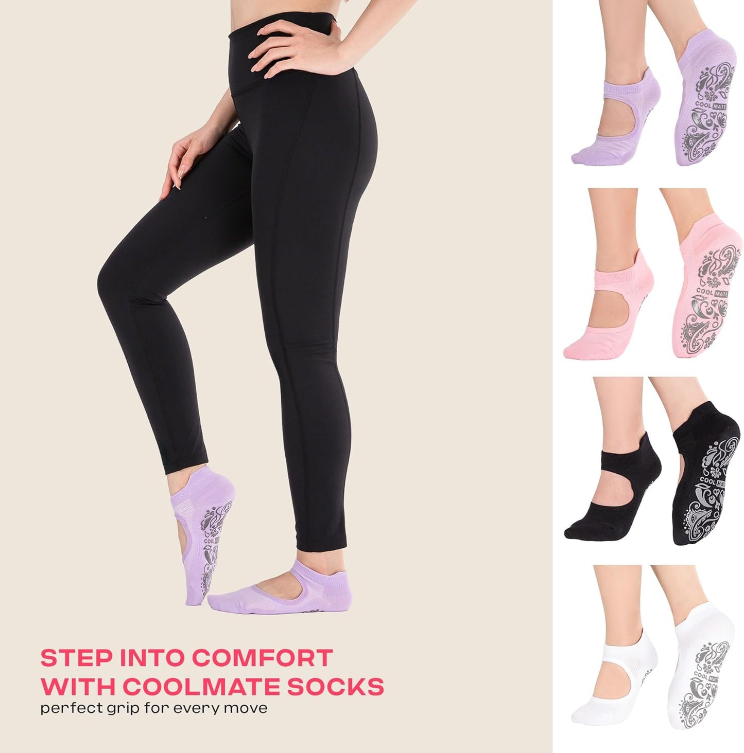 COOLMATE Pilates Socks with Grips for Women, Yoga Socks, Crew Non Slip Women for Barre, Pilates Gifts for Women - Colors B