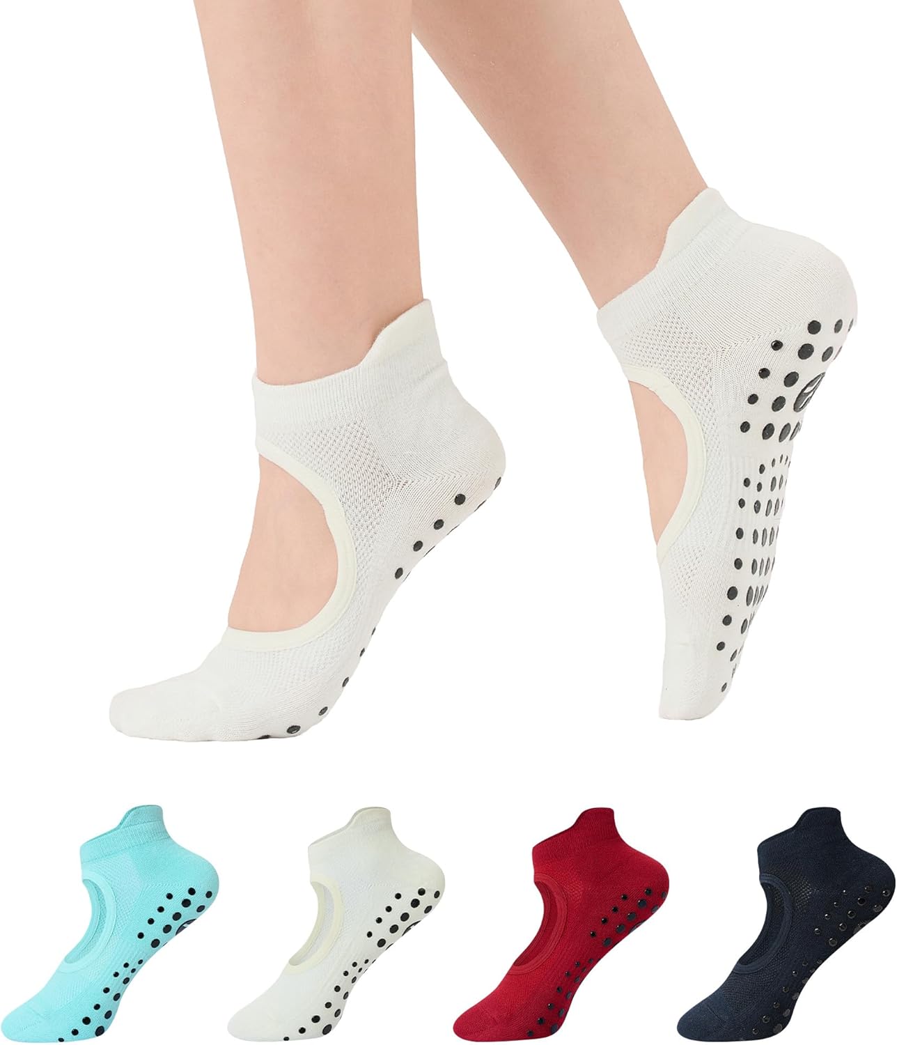 COOLMATE Pilates Socks with Grips for Women, Yoga Socks, Crew Non Slip Women for Barre, Pilates Gifts for Women - Colors B