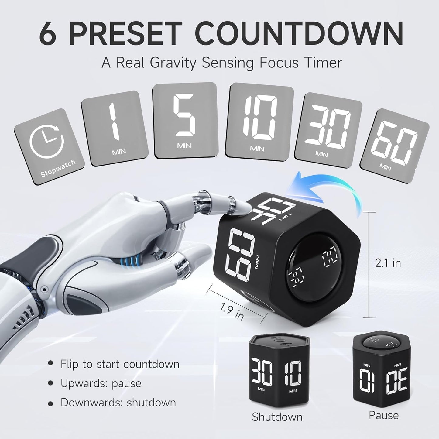 Productivity Timer 1, 5, 10, 30, 60 Minutes Preset, Desk Cube Timer with Gravity Sensor/Mute/Vibration for ADHD, Work, Study, Kitchen, Back to School (Wood Grain)