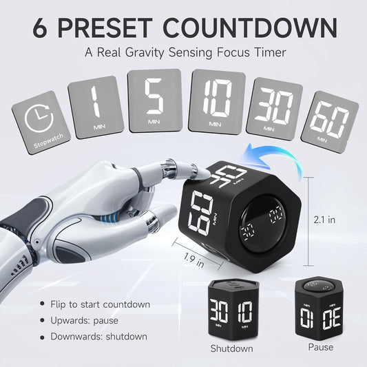Productivity Timer 1, 5, 10, 30, 60 Minutes Preset, Desk Cube Timer with Gravity Sensor/Mute/Vibration for ADHD, Work, Study, Kitchen, Back to School (Wood Grain)