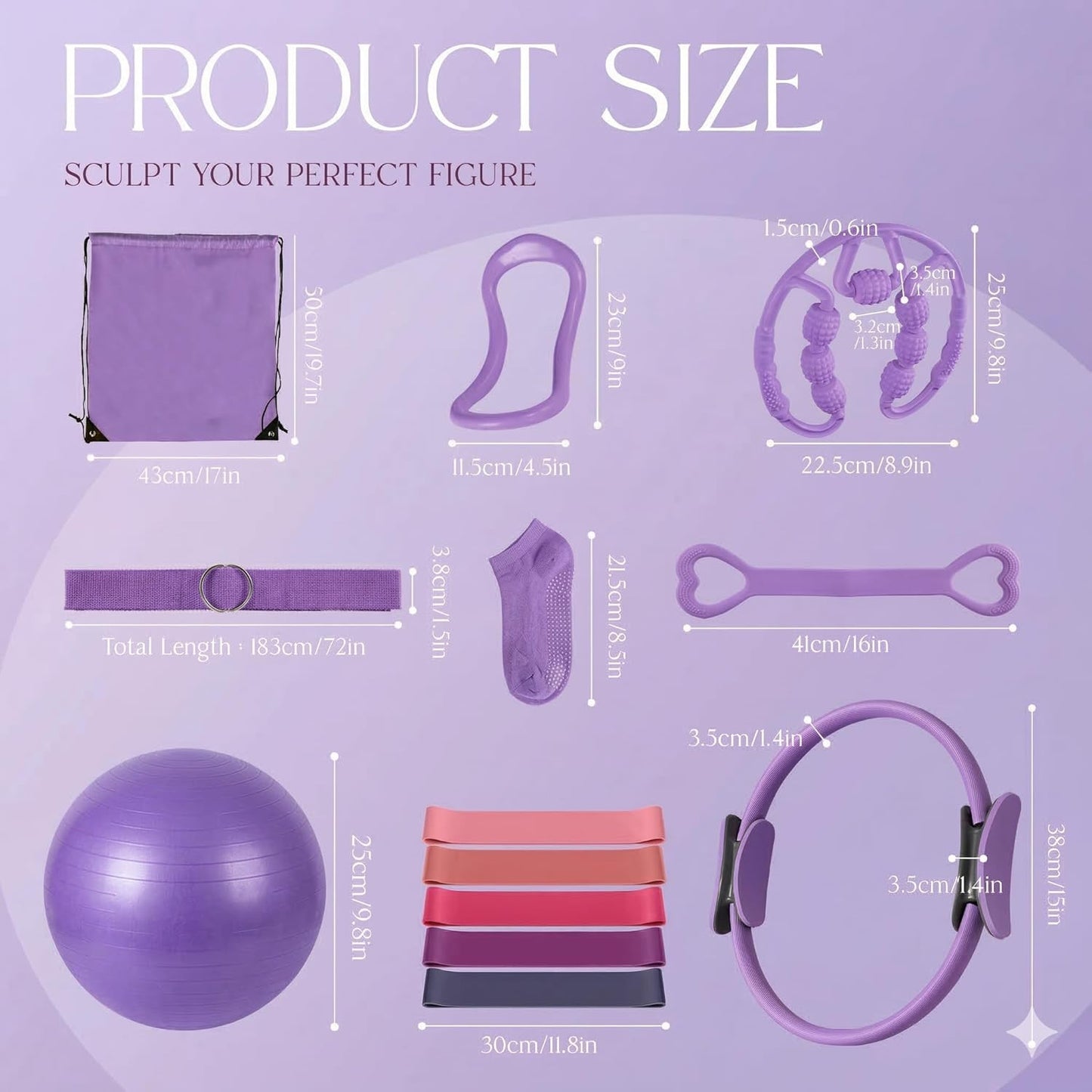 Pilates Kit 14PCS for Women, Pilates Equipment with Pilates Ring Set, Home Pilates Workout Kit, Mini Exercise Ball, Loop Resistance Bands, Stretch Strap, Massage Roller, Grip Socks