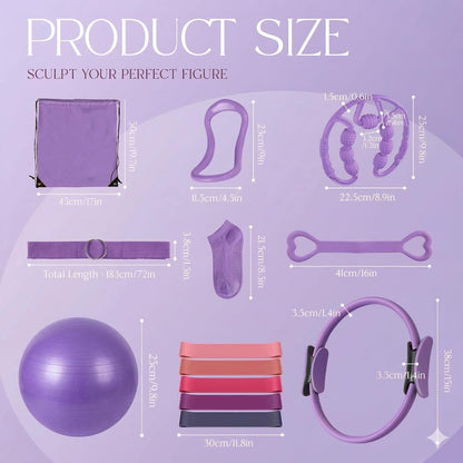 Pilates Kit 14PCS for Women, Pilates Equipment with Pilates Ring Set, Home Pilates Workout Kit, Mini Exercise Ball, Loop Resistance Bands, Stretch Strap, Massage Roller, Grip Socks