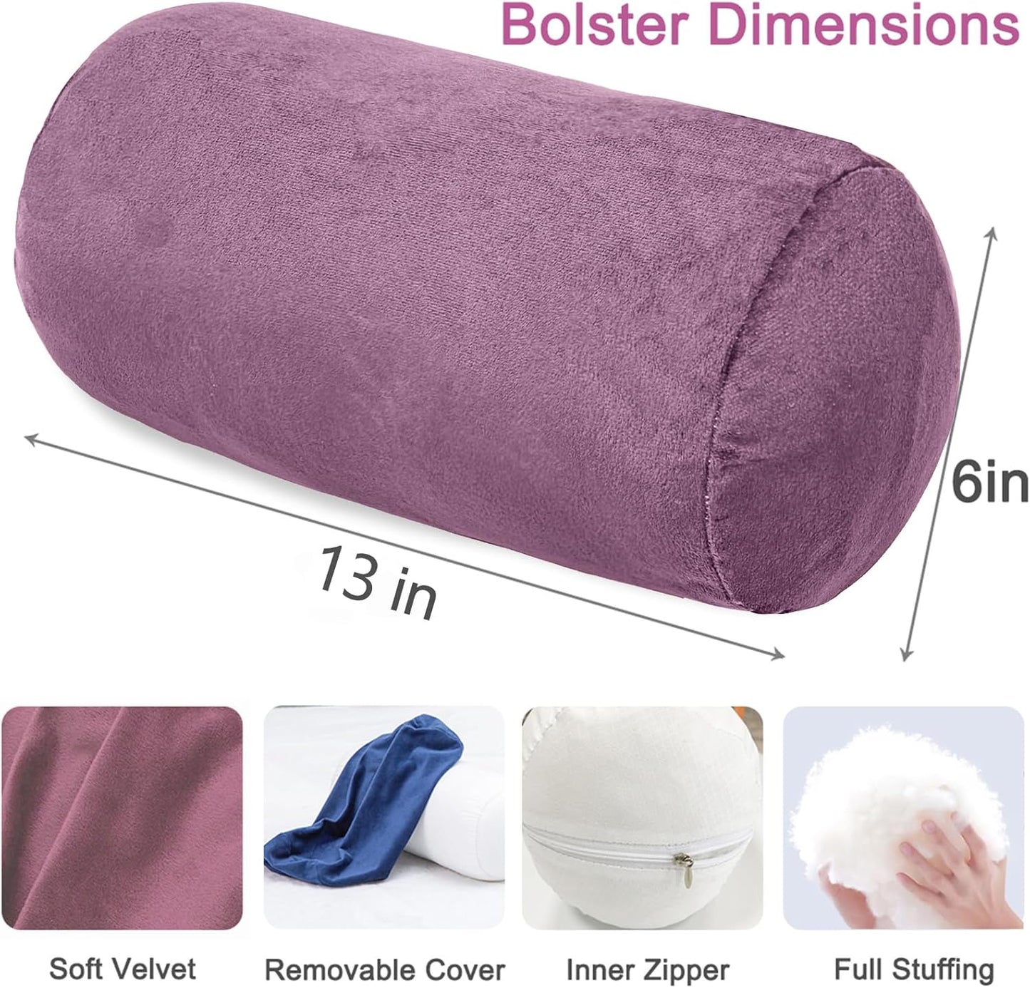 1 MIDDLE ONE Round Cylinder Bolster Pillow with Removable Velvet Cover, Tube Roll Cervical Pillow for Head, Neck, Back and Legs Support, 13" x 6", Grey