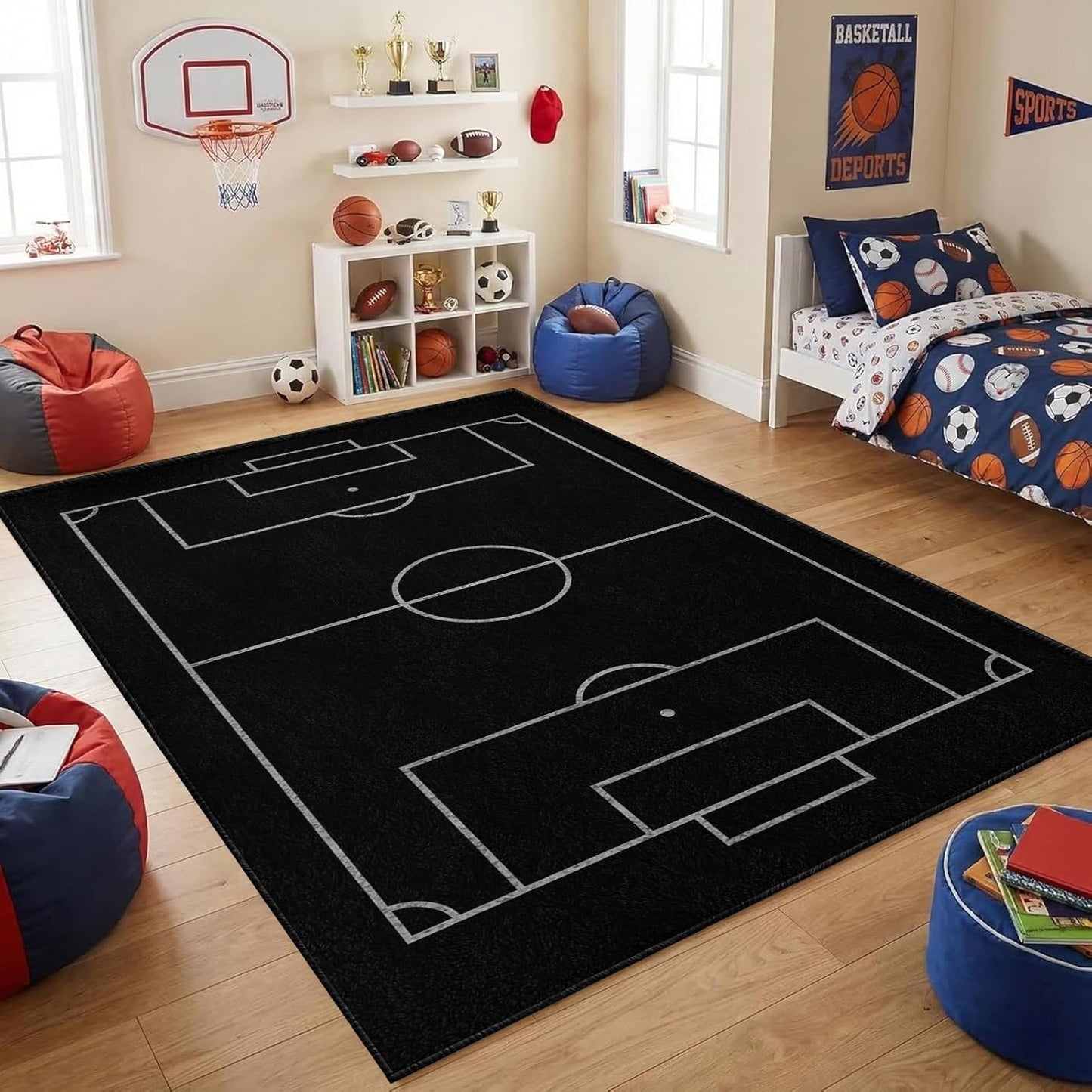 Sports Field Area Rug,5x7ft, Soccer Field Chalked Blackboard Football Stadium Board Painted Non-Slip Soft Carpet Floor Mat Indoor Living Room Bedroom Rugs Yoga Mat Home Decor