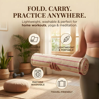 Indian Handmade100 % Organic Anti Skid Multi Colour Cotton Yoga Mat - Eco-Friendly Hand-Woven Rug - Non-Slip & Thick (24”x72”x5mm) for Hot yoga & Everyday Fitness at Home - Comfortable & Foldable Extra-Long Mat