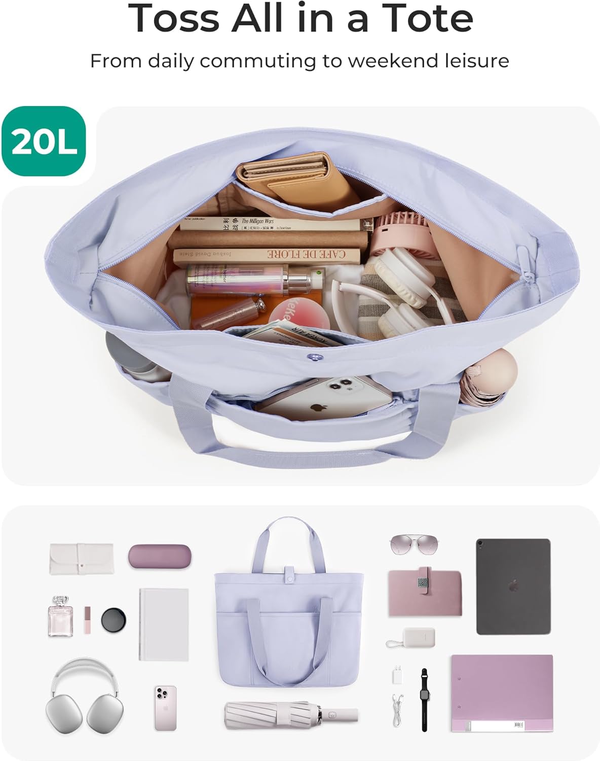 BAGSMART Tote Bag for Women, Foldable Tote Bag With Zipper Travel Shoulder Bag Handbag for Work