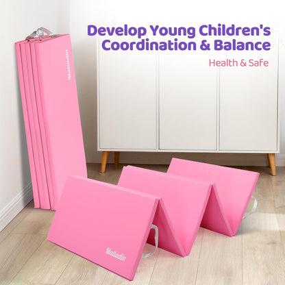 Matladin Folding Gymnastics Mat for Kids, 6'x3'x1"/8'x3'x1" PU Leather Gym Exercise Mats for Tumbling, Cheer, Yoga, Fitness, Pilates and Martial Art