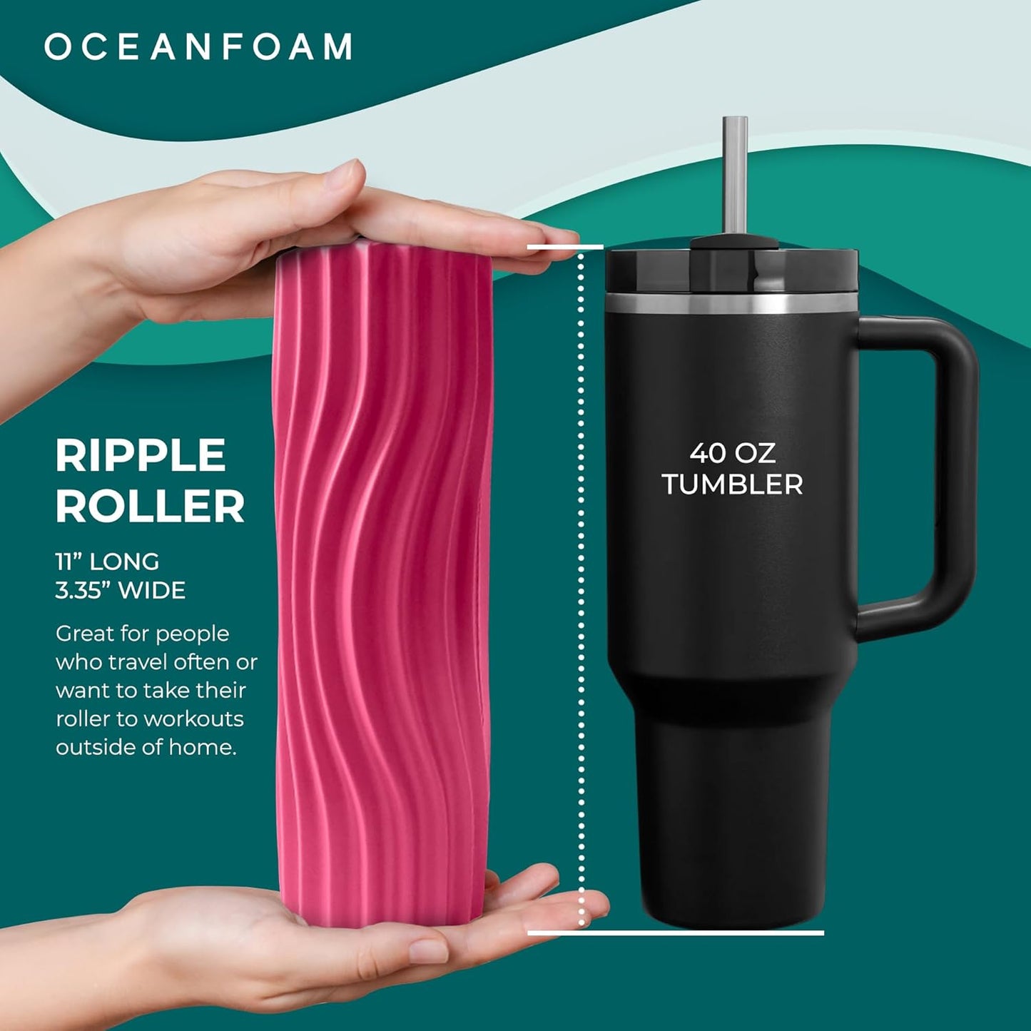 Oceanfoam Ripple Travel Foam Roller (11" x 3.35") Firm Mini Foam Roller for Physical Therapy, Deep Tissue Massage, Back Pain - High Density, Ergonomic Wave Textured - Yoga, Pilates, Exercise (Natural) - Colors A