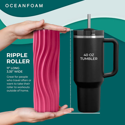 Oceanfoam Ripple Travel Foam Roller (11" x 3.35") Firm Mini Foam Roller for Physical Therapy, Deep Tissue Massage, Back Pain - High Density, Ergonomic Wave Textured - Yoga, Pilates, Exercise (Natural) - Colors A
