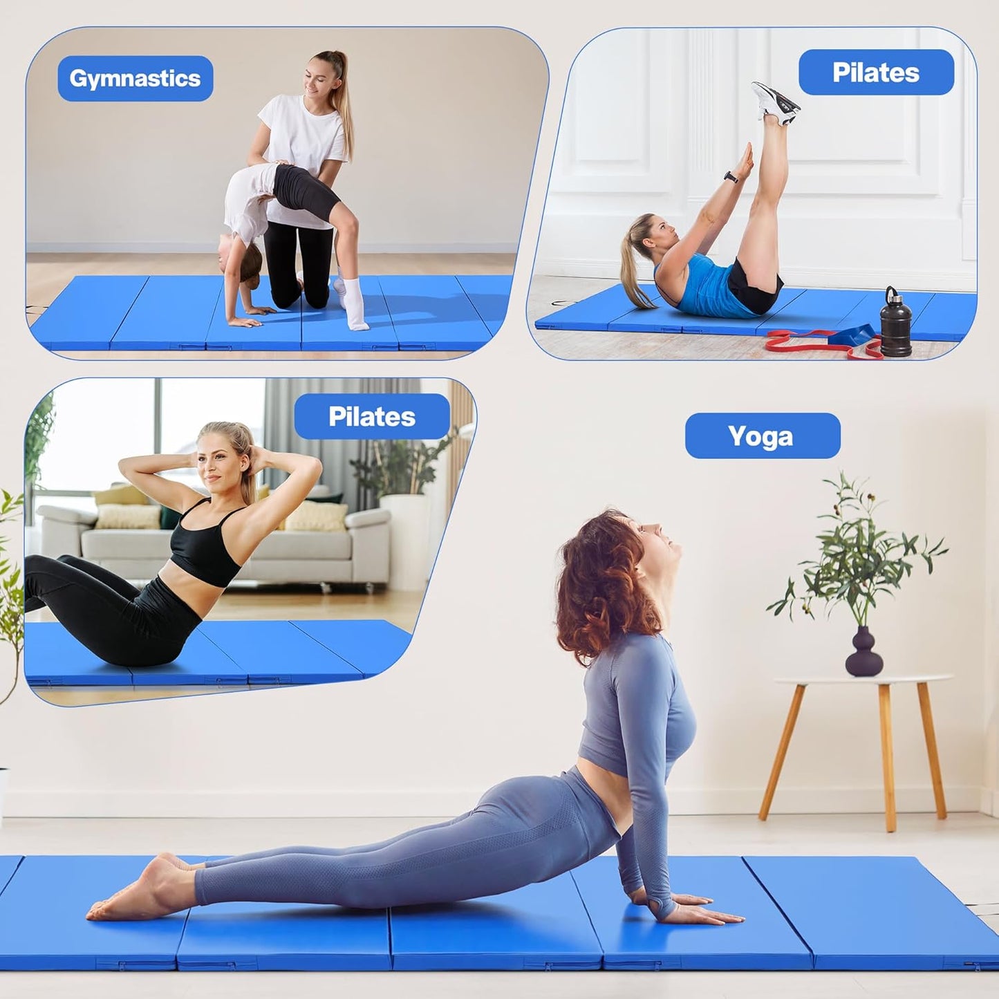 Outdoor Basic 6'x3'x2'' Gymnastics Mats Portable 4-Fold Tumbling Mat Thick Yoga Mat with PU Leather & Carry Handle for Home Workout, Yoga, MMA Core Training, Pilates