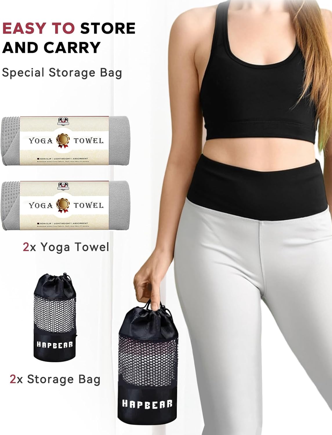 HAPBEAR Hot Yoga Towel with Non-Slip Grip Dots, Super-Absorbent Microfiber Yoga Mat Towel for Sweaty Bikram, Pilates and Studio Workouts - Grey