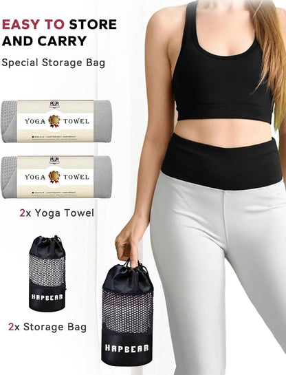 HAPBEAR Hot Yoga Towel with Non-Slip Grip Dots, Super-Absorbent Microfiber Yoga Mat Towel for Sweaty Bikram, Pilates and Studio Workouts - Grey