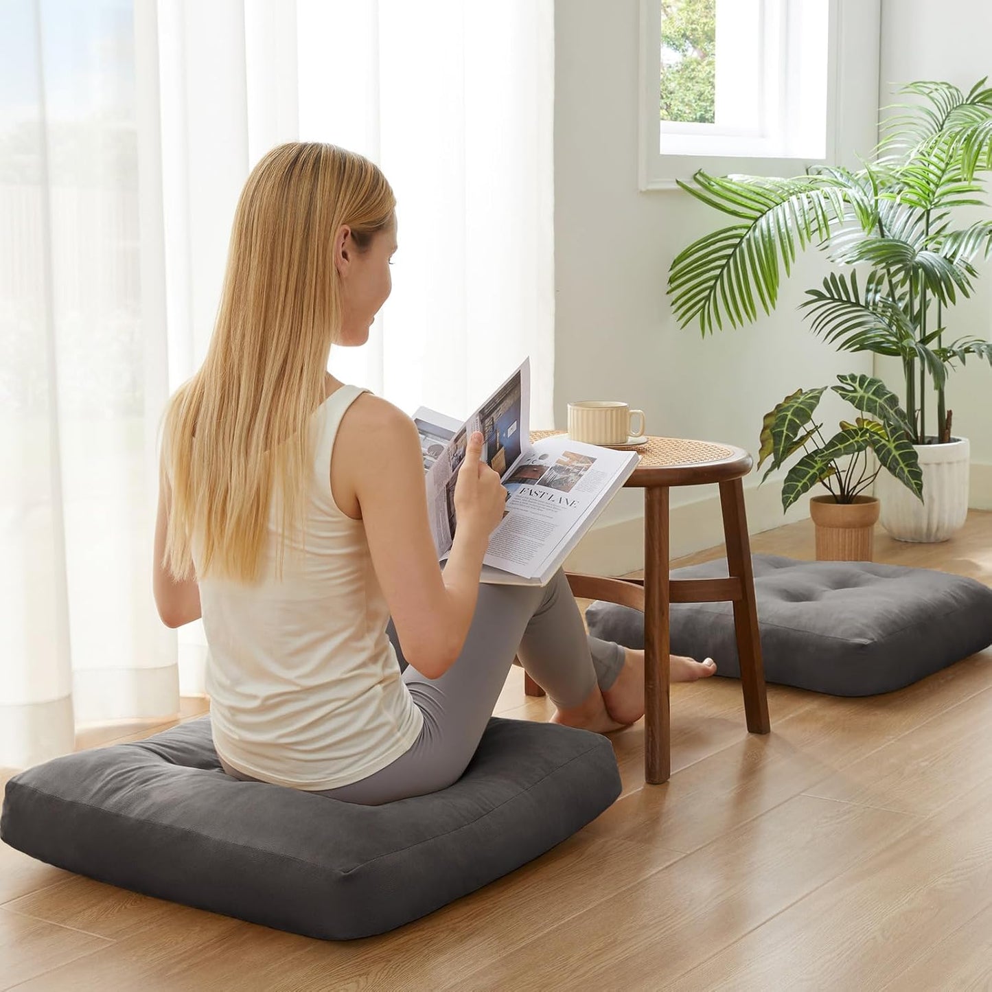 Meditation Floor Pillow Set of 1, Square Large Pillows Seating for Adults, Meditation Cushion Pillow,Tufted Corduroy Cushion for Tatami Living Room or Yoga, Light Gray, 22x22 Inch