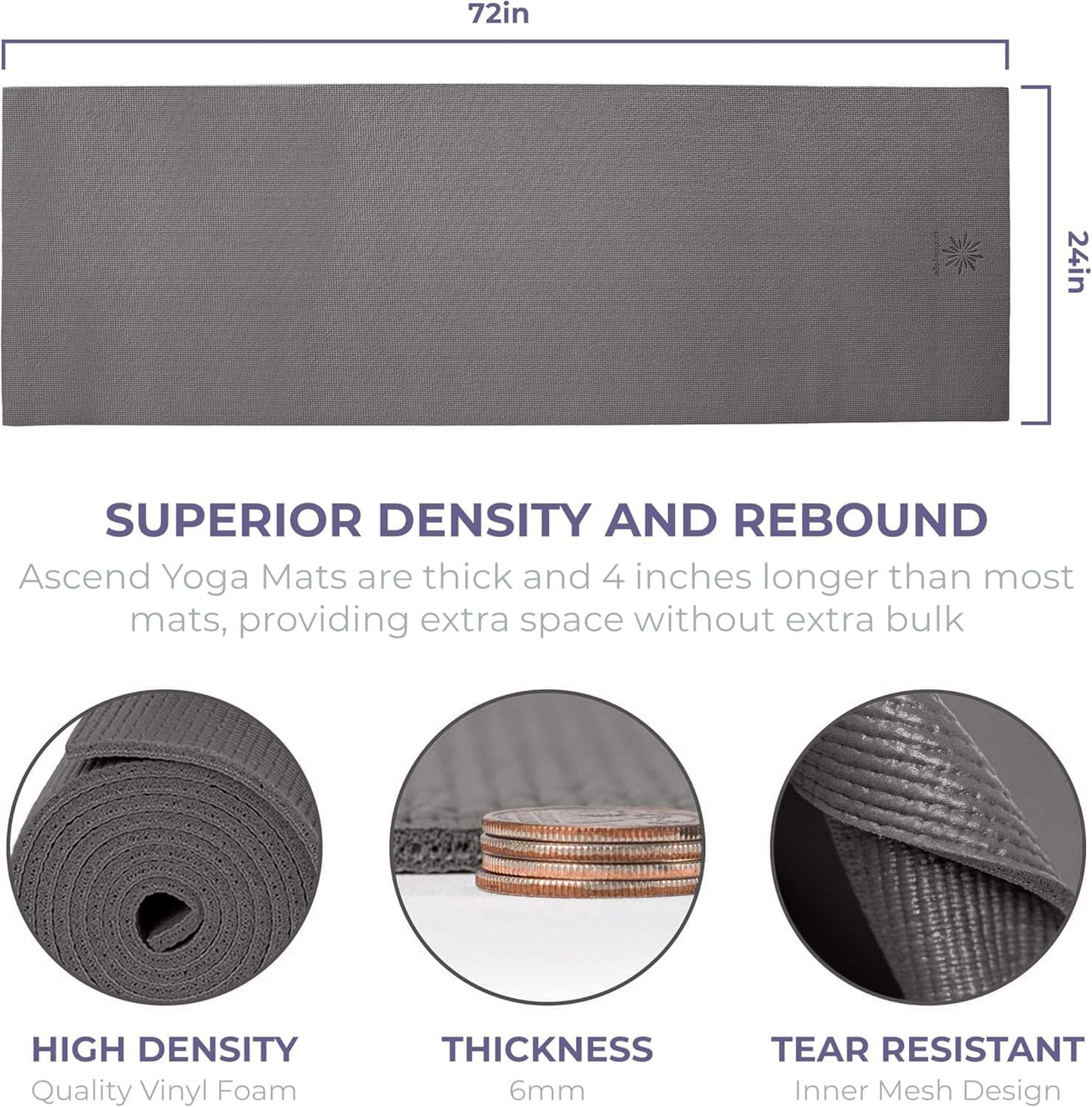 Ascend Yoga Mat - Premium 6mm Thick, 72" x 24", Solid or Reversible Print, Non Slip, Tear Resistant, Workout Mats for Pilates, Home, Studio, Fitness, Gym, Training, Floor Stretching