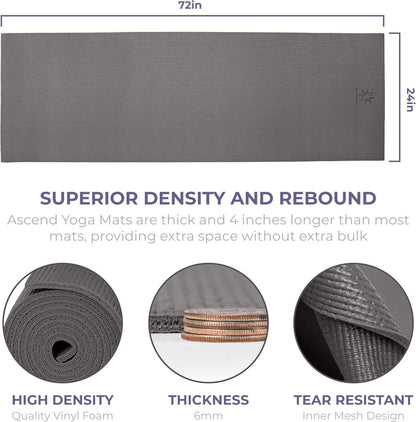 Ascend Yoga Mat - Premium 6mm Thick, 72" x 24", Solid or Reversible Print, Non Slip, Tear Resistant, Workout Mats for Pilates, Home, Studio, Fitness, Gym, Training, Floor Stretching