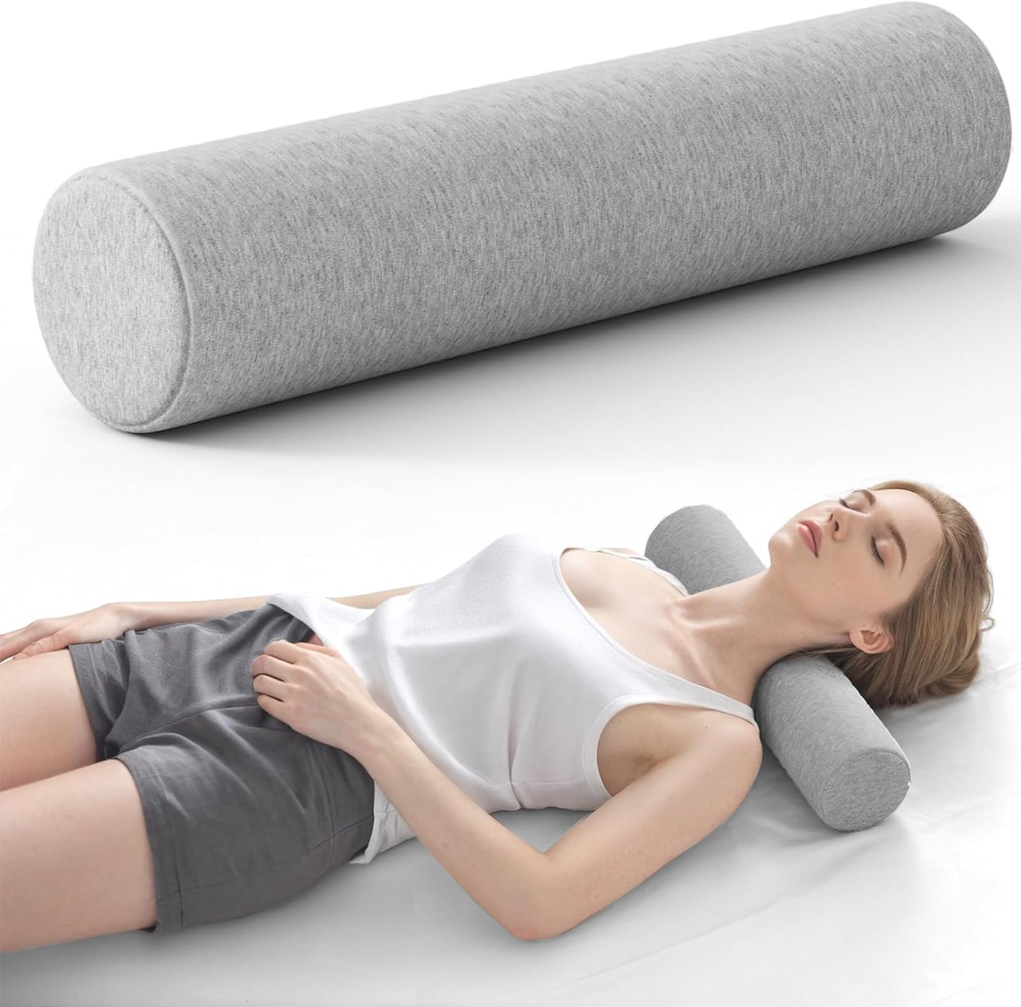 Neck Roll Pillow, Memory Foam Neck Support Pillows, Round Neck Pillows, Cylinder Bolster Pillows for Bed, Couch, and Yoga, Removable Washable Cover,18 * 4.1 * 4.1inch (Cool-Blue)