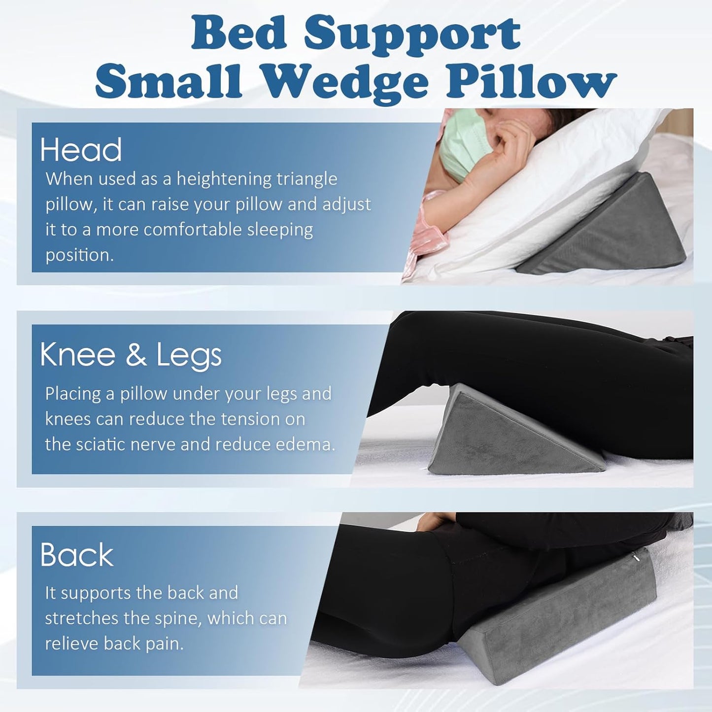 Small Wedge Pillow, Wedge Pillow for Bed Sores, Positioning Pillow, Positioning Wedge, Mini Pillow for Laptop and Yoga, Small Foam Wedge for Chair (1 Unit, Blue)