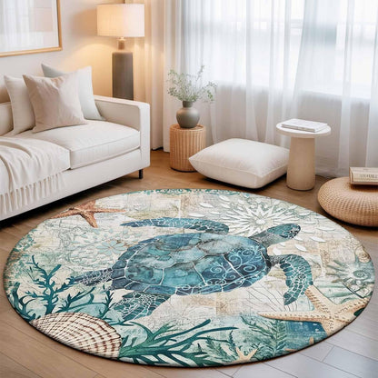 Libaoge Round Area Rugs 3 ft Indoor Aloha Mats Sea Turtle Ocean Animal Nautical Map Soft Living Room Bedroom Unique Carpet Woman Yoga Mat Home Decor