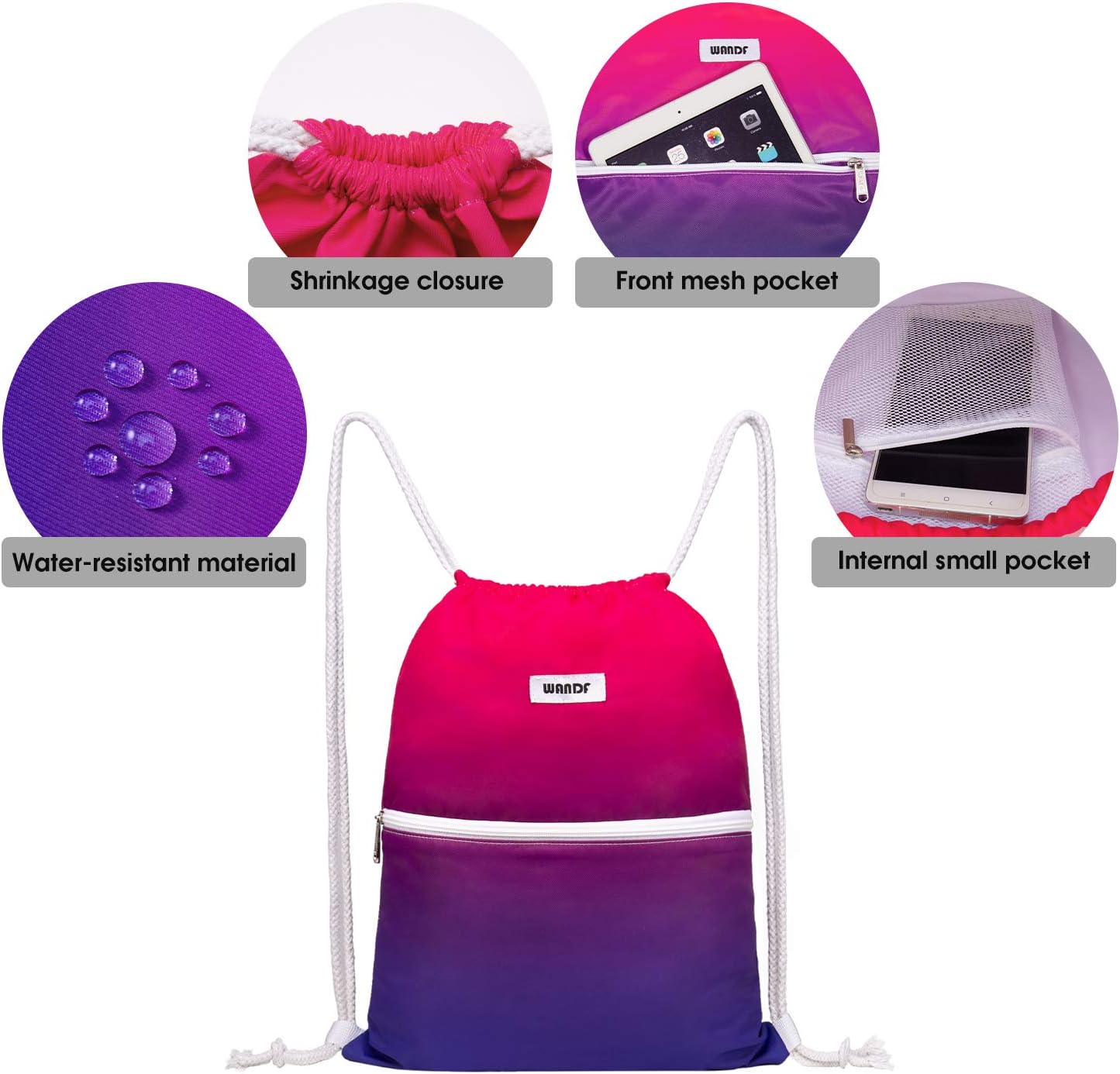 WANDF Drawstring Backpack String Bag Sackpack Cinch Water Resistant Nylon for Gym Shopping Sport Yoga (Black)